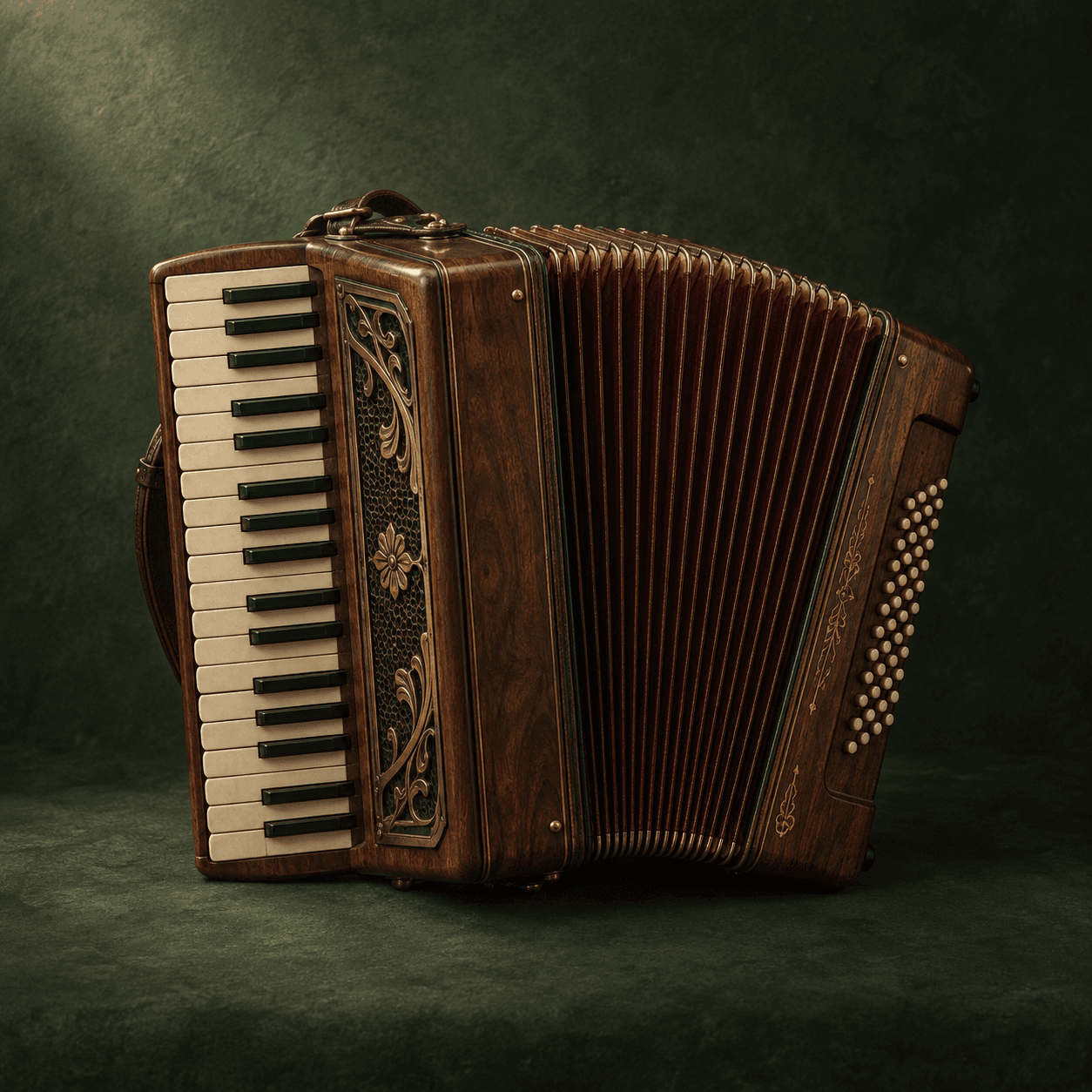 Artistic illustration of a wooden accordion with ivory keys and open bellows